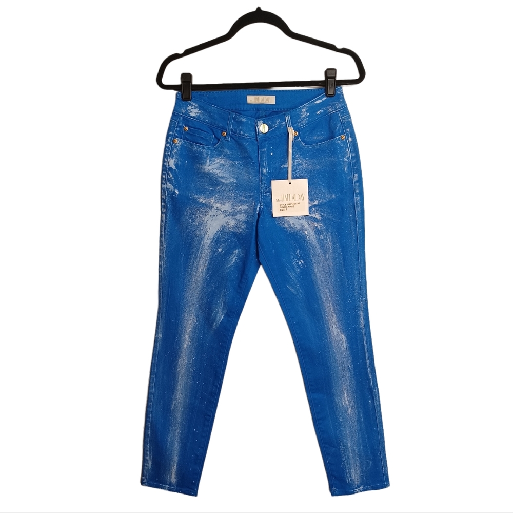 MISS HALLADAY Blue White Rinse Paint Print Skinny Jeans 8 (Medium) NWT